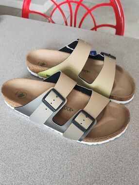 Birkenstock Two-Strap Sandals in Metallic Gold and Silver Gradient